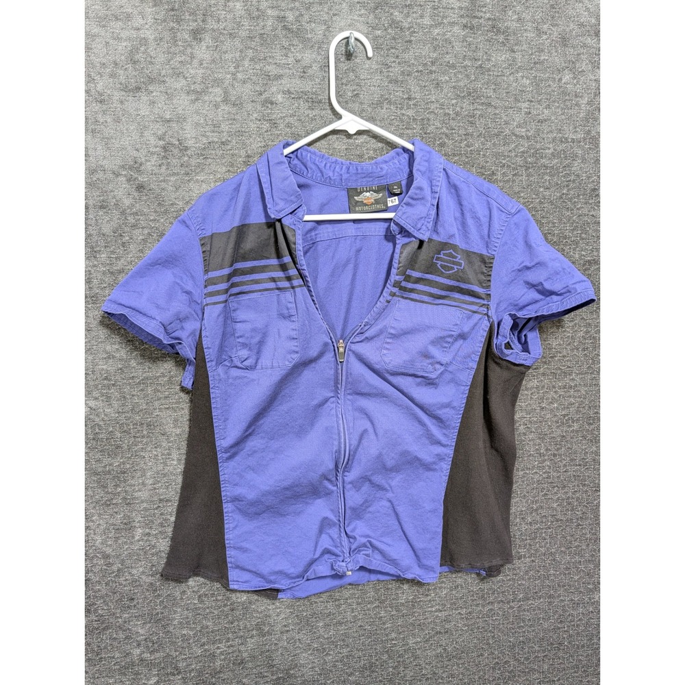 Harley-Davidson Womens Purple Zip Up Short Sleeve Shirt Bar Shield Logo XL 767